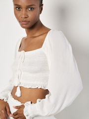Apricot White Smocked Tassel Crop Long Sleeve Blouses - Image 3 of 4