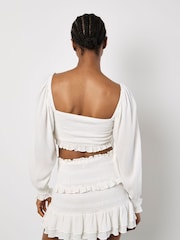 Apricot White Smocked Tassel Crop Long Sleeve Blouses - Image 4 of 4
