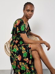 Apricot Black Graphic Print Tropical Wrap Maxi Dress - Image 1 of 5