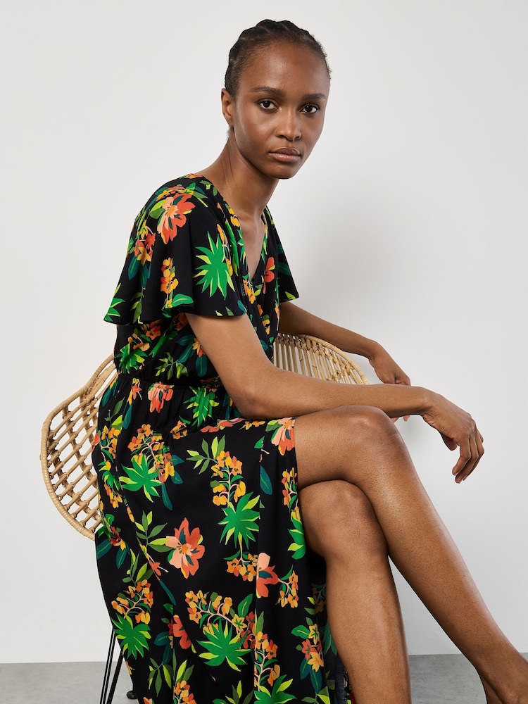 Apricot Black Graphic Print Tropical Wrap Maxi Dress - Image 1 of 5