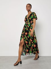 Apricot Black Graphic Print Tropical Wrap Maxi Dress - Image 3 of 5