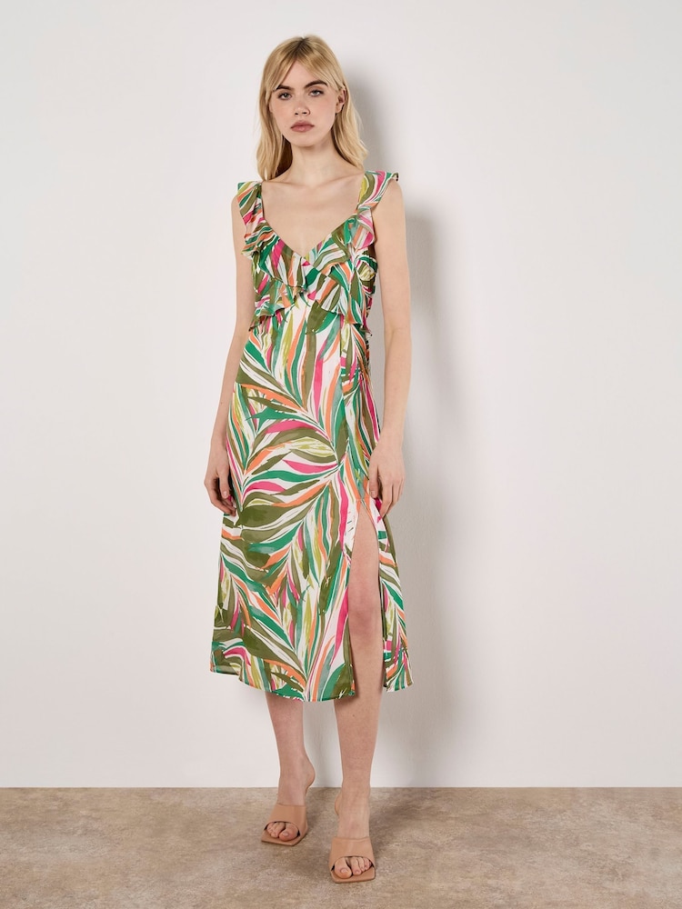 Apricot Green Palm Print Ruffle Midi Dress - Image 1 of 4