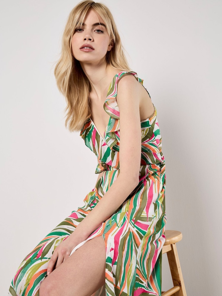 Apricot Green Palm Print Ruffle Midi Dress - Image 4 of 4