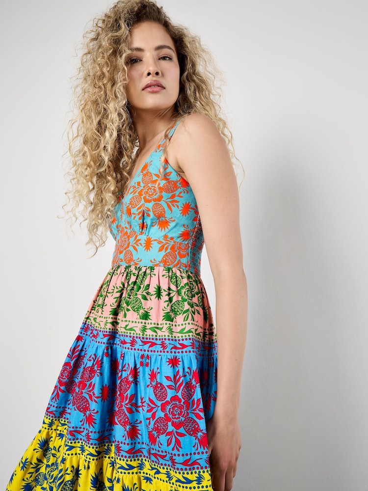 Apricot Yellow Multi Tier Pineapple Print 100% Cotton Dress - Image 2 of 4