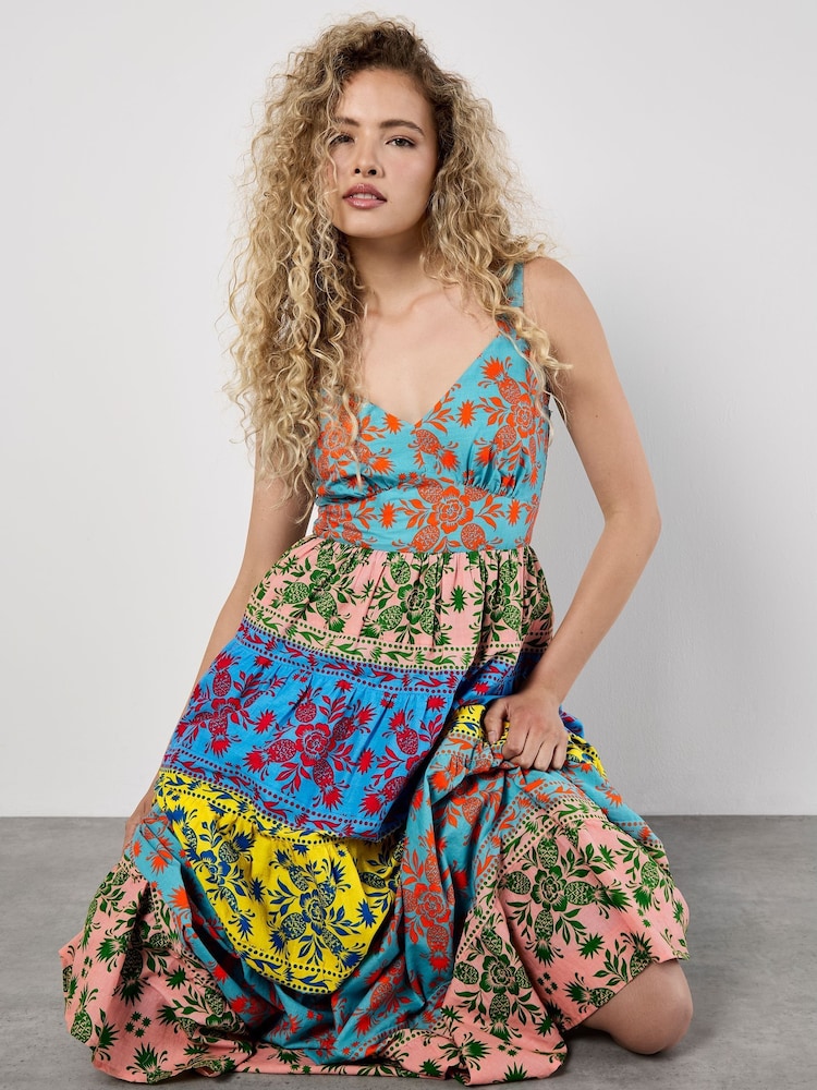 Apricot Yellow Multi Tier Pineapple Print 100% Cotton Dress - Image 4 of 4 Apricot Yellow Multi Tier Pineapple Print 100% Cotton Dress - Image 4 of 4