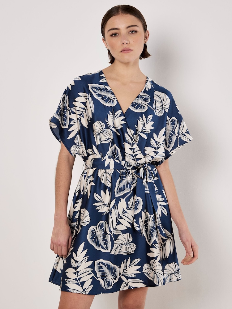 Apricot Blue Palm Leaf Print Wrap Kimono Satin Dress - Image 1 of 5