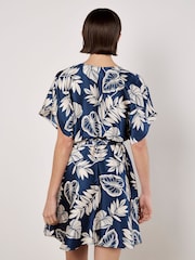 Apricot Blue Palm Leaf Print Wrap Kimono Satin Dress - Image 2 of 5