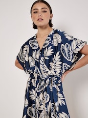 Apricot Blue Palm Leaf Print Wrap Kimono Satin Dress - Image 3 of 5