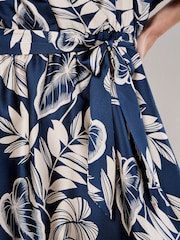 Apricot Blue Palm Leaf Print Wrap Kimono Satin Dress - Image 4 of 5