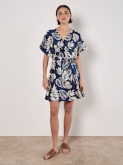 Apricot Blue Palm Leaf Print Wrap Kimono Satin Dress - Image 5 of 5