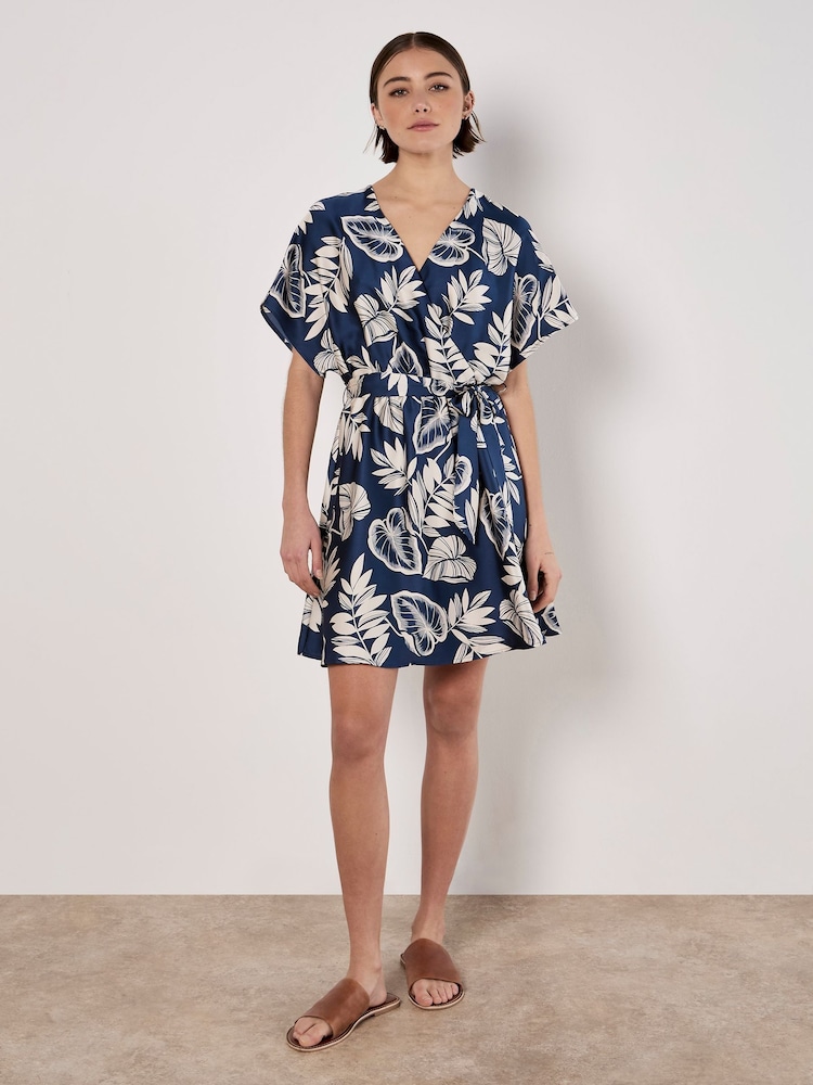 Apricot Blue Palm Leaf Print Wrap Kimono Satin Dress - Image 5 of 5