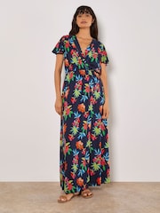 Apricot Blue Graphic Print Tropical Wrap Maxi Dress - Image 1 of 4
