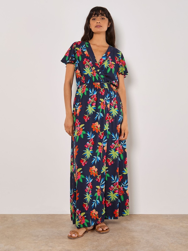 Apricot Blue Graphic Print Tropical Wrap Maxi Dress - Image 1 of 4