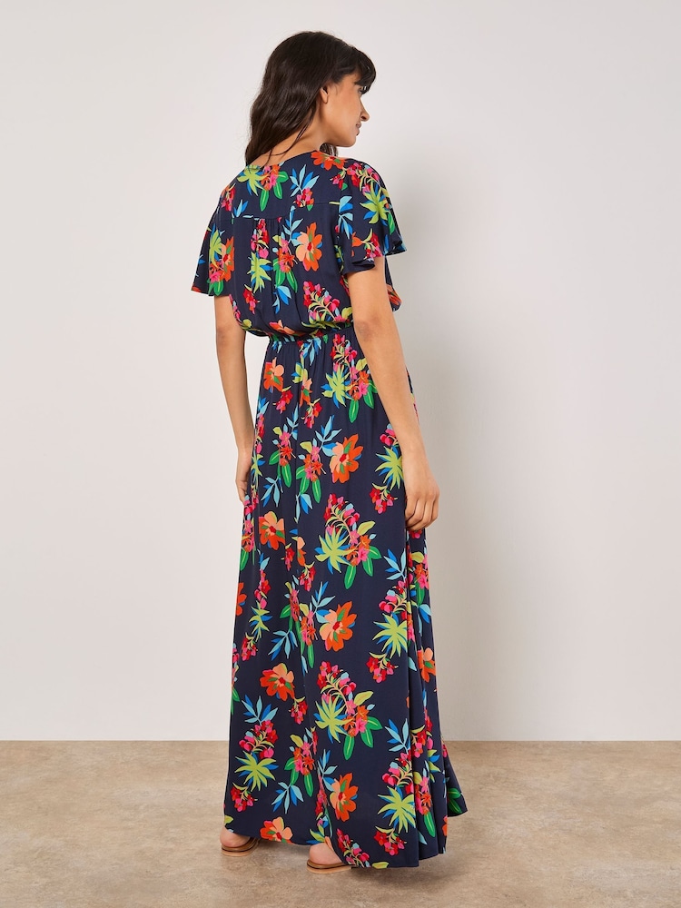Apricot Blue Graphic Print Tropical Wrap Maxi Dress - Image 4 of 4