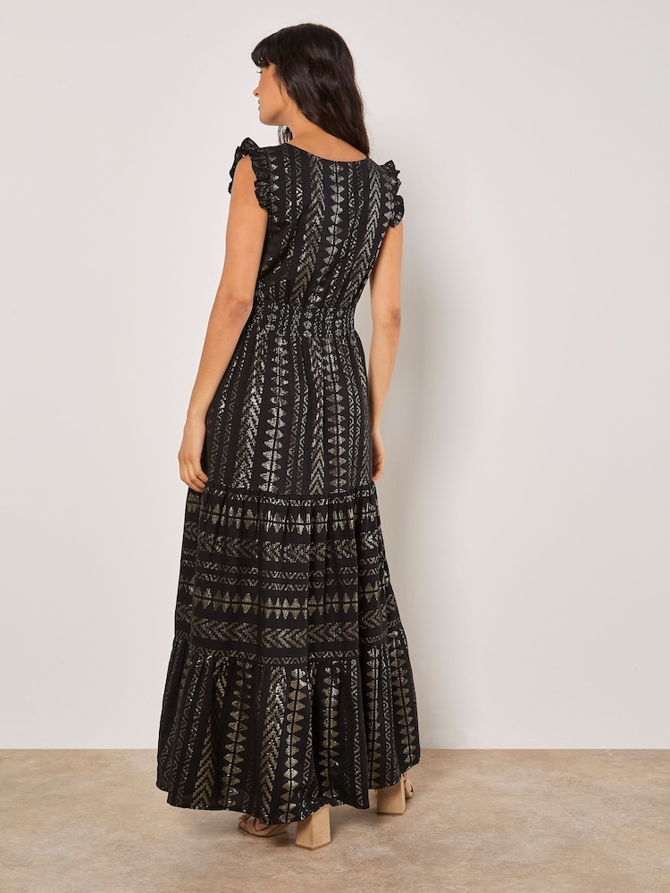 Apricot Black Ruffle Hem V-Neck Maxi Dress - Image 1 of 4