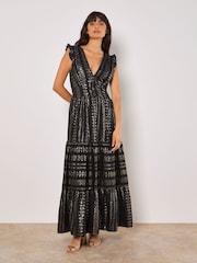 Apricot Black Ruffle Hem V-Neck Maxi Dress - Image 2 of 4