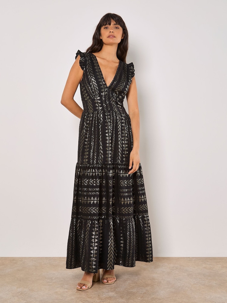 Apricot Black Ruffle Hem V-Neck Maxi Dress - Image 2 of 4