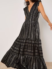 Apricot Black Ruffle Hem V-Neck Maxi Dress - Image 4 of 4