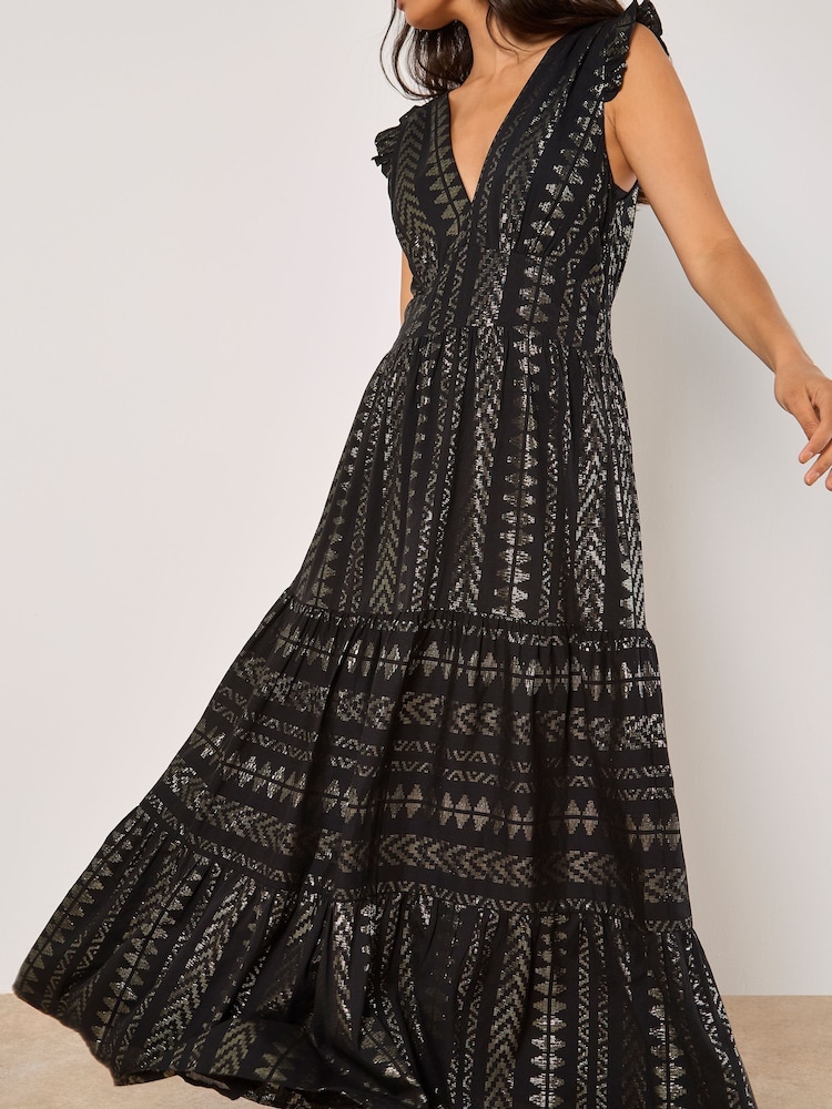 Apricot Black Ruffle Hem V-Neck Maxi Dress - Image 4 of 4