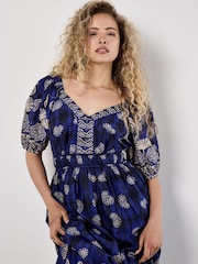 Apricot Blue Paisley Border Button Detail 100% Cotton Dress - Image 1 of 4