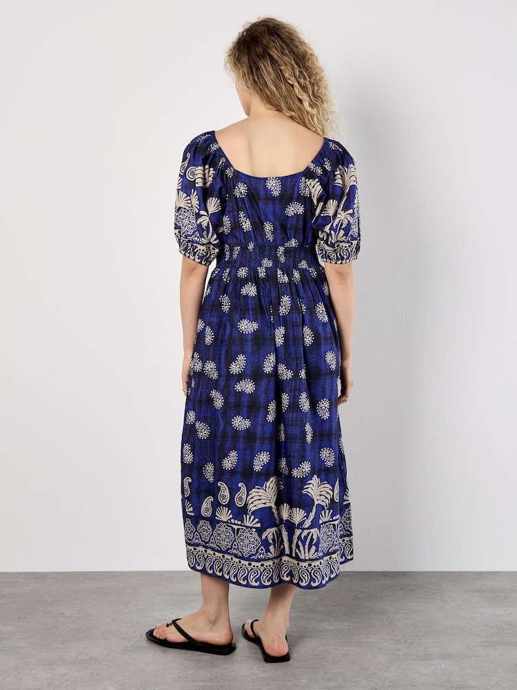 Apricot Blue Paisley Border Button Detail 100% Cotton Dress - Image 2 of 4 Apricot Blue Paisley Border Button Detail 100% Cotton Dress - Image 2 of 4