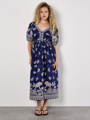 Apricot Blue Paisley Border Button Detail 100% Cotton Dress - Image 4 of 4