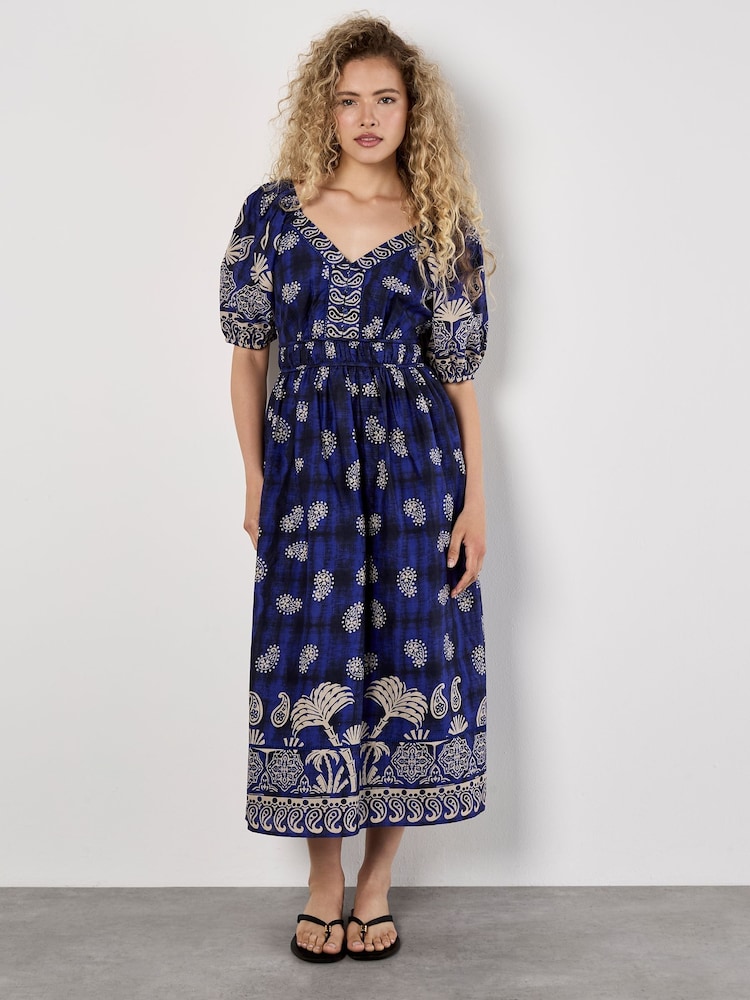 Apricot Blue Paisley Border Button Detail 100% Cotton Dress - Image 4 of 4 Apricot Blue Paisley Border Button Detail 100% Cotton Dress - Image 4 of 4