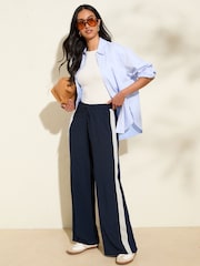 Friends Like These Navy Wide Leg Side Stripe Jersey Trousers - Image 1 of 4