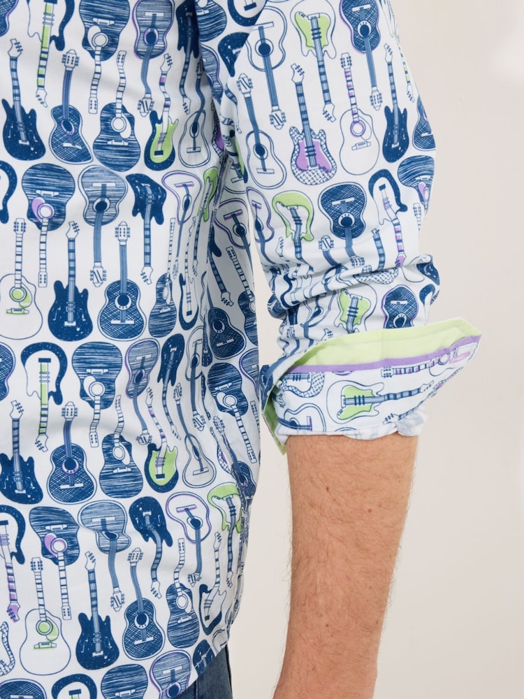 Joe Browns Blue 100% Cotton Sketchy Guitar Print Long Sleeve Shirt - Image 2 of 5