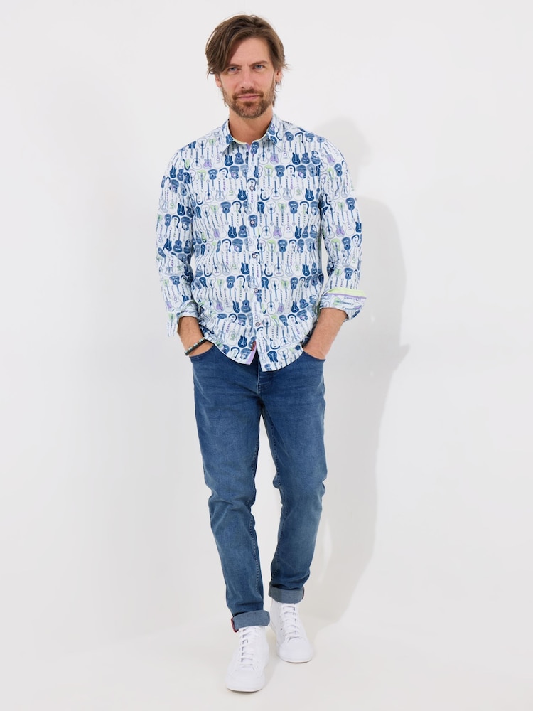 Joe Browns Blue 100% Cotton Sketchy Guitar Print Long Sleeve Shirt - Image 3 of 5