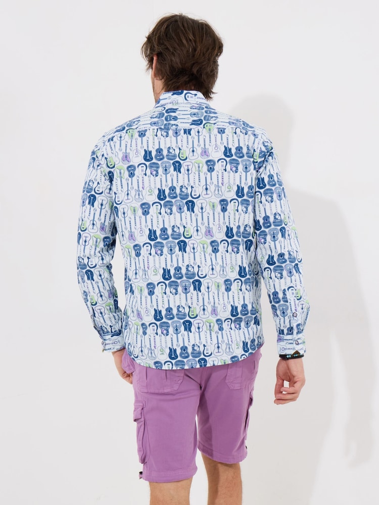 Joe Browns Blue 100% Cotton Sketchy Guitar Print Long Sleeve Shirt - Image 4 of 5