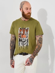 Joe Browns Green 100% Cotton Tiger Head Graphic Short Sleeve T-Shirt - Image 1 of 5
