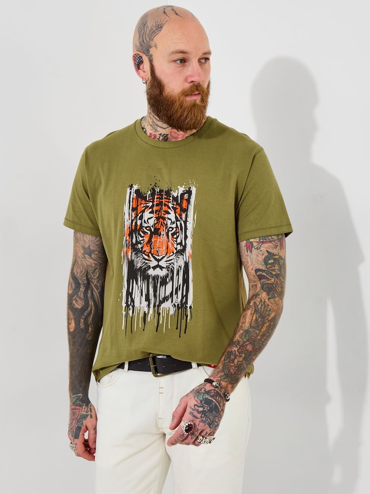 Joe Browns Green 100% Cotton Tiger Head Graphic Short Sleeve T-Shirt - Image 1 of 5 Joe Browns Green 100% Cotton Tiger Head Graphic Short Sleeve T-Shirt - Image 1 of 5