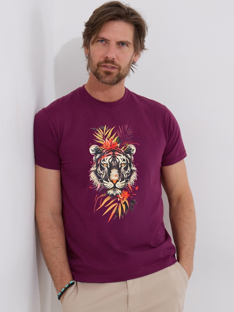 Joe Browns Purple 100% Cotton Tropical Tiger Graphic Short Sleeve T-Shirt - Image 1 of 5