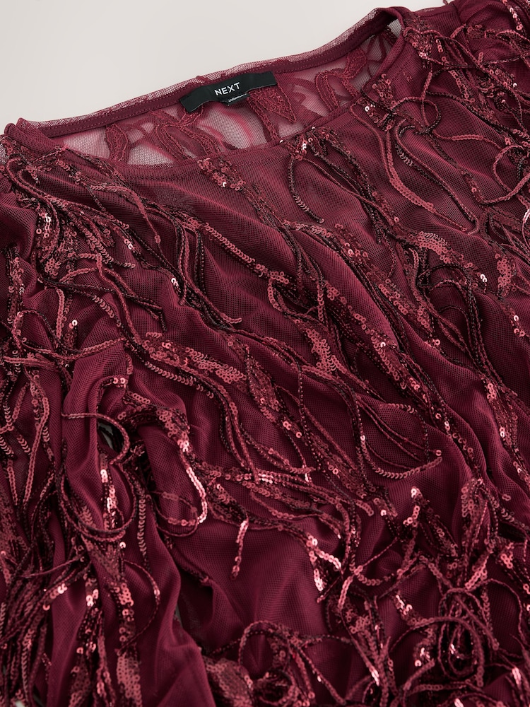 Burgundy Red Occasion Long Sleeve Sequin Tassle Maxi Dress - Image 7 of 7 Burgundy Red Occasion Long Sleeve Sequin Tassle Maxi Dress - Image 7 of 7