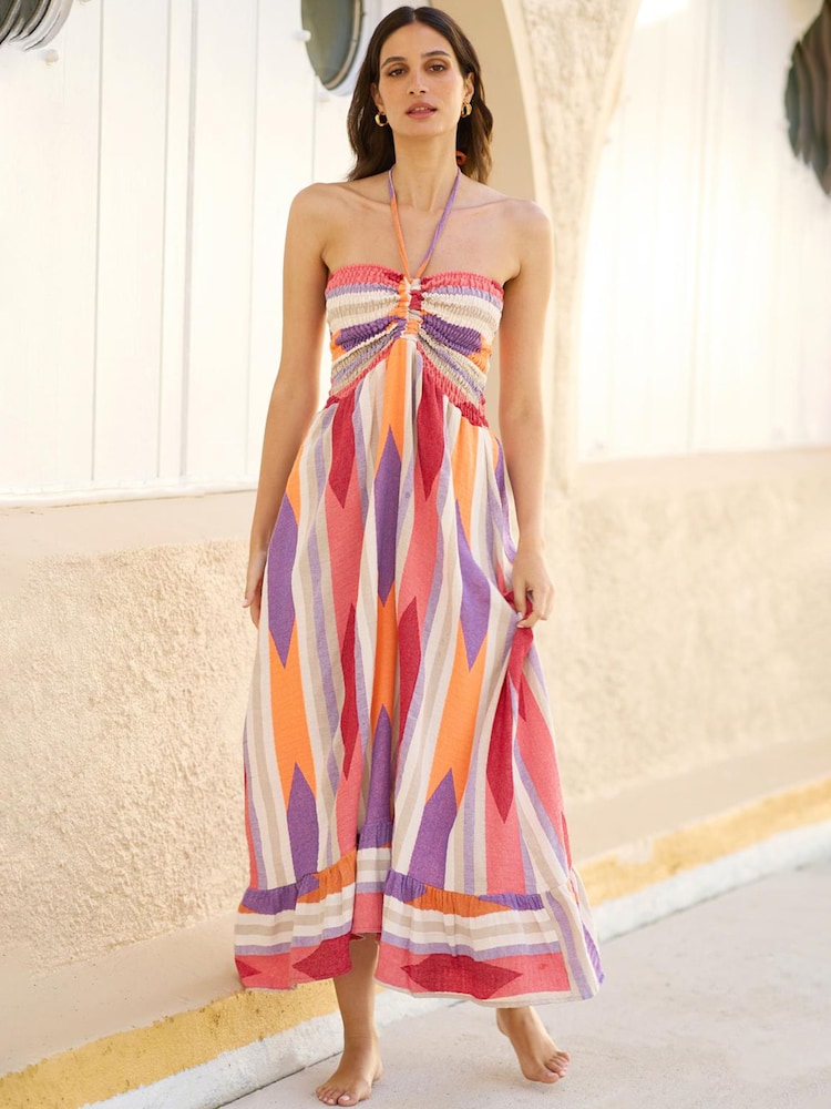 Yumi Block Print Halter neck Cotton Maxi Dress - Bild 1 von 5