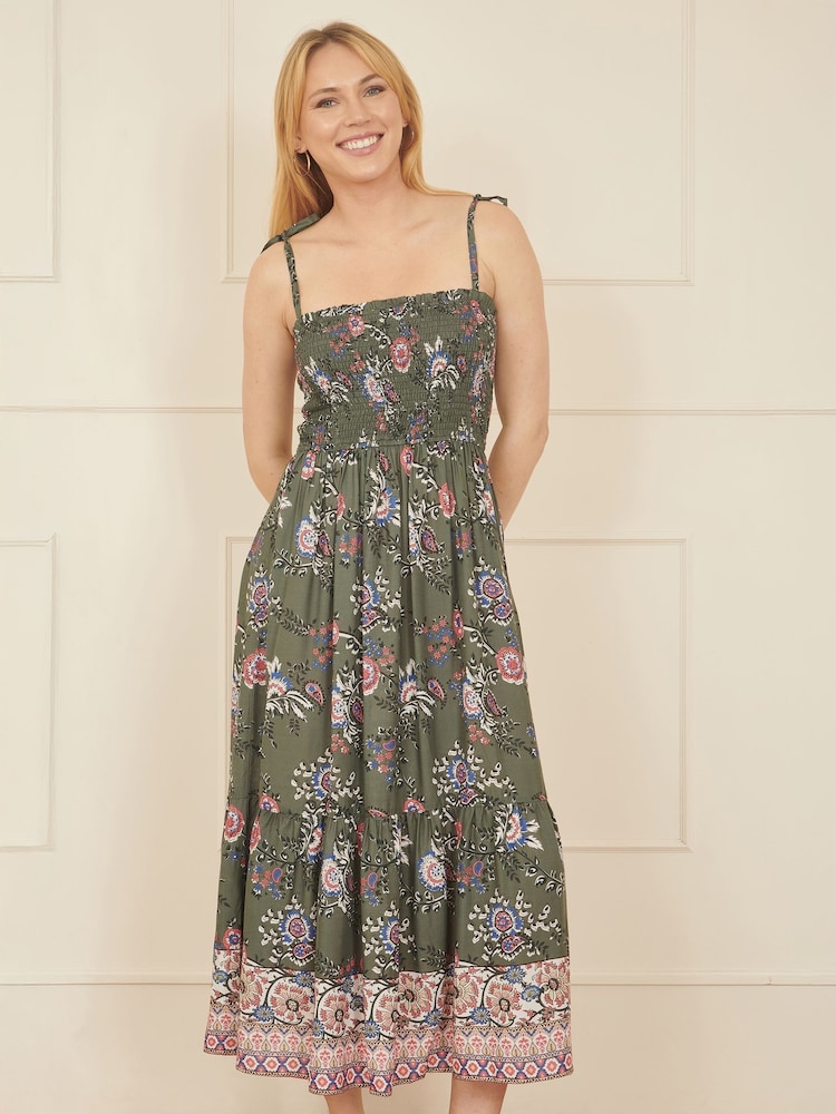 Yumi Green Strappy Paisley Print Midi Dress With Ruched Bodice - Image 1 of 5
