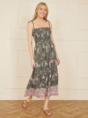 Yumi Green Strappy Paisley Print Midi Dress With Ruched Bodice - Image 2 of 5