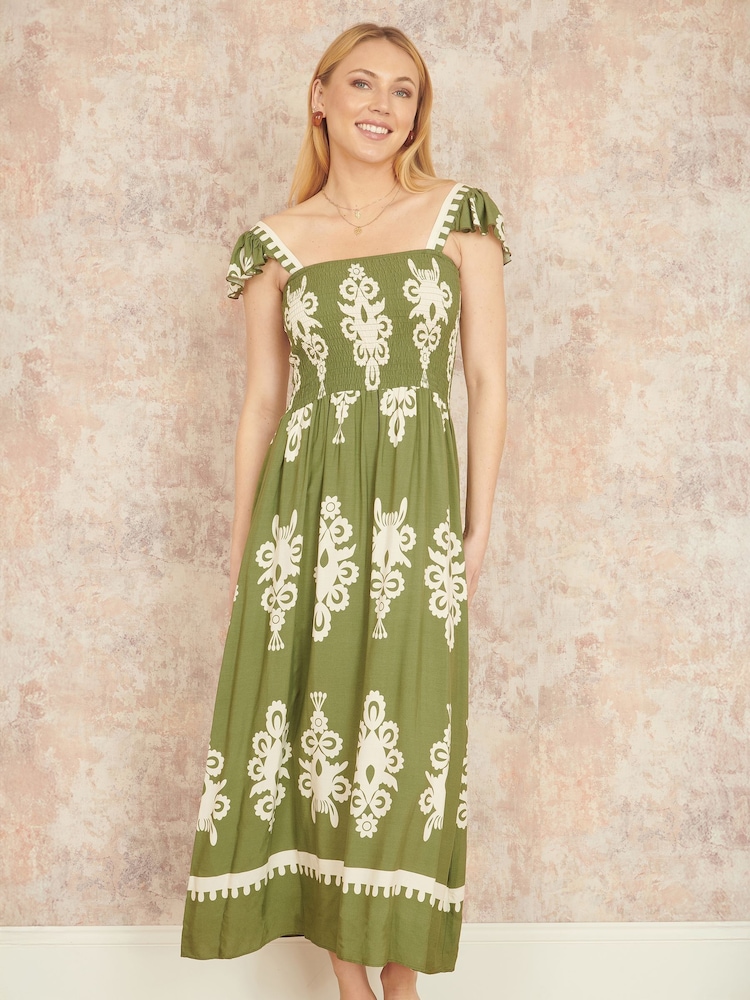 Yumi Green Block Print Ruched Maxi Dress - Image 1 of 5