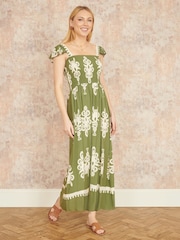Yumi Green Block Print Ruched Maxi Dress - Image 2 of 5