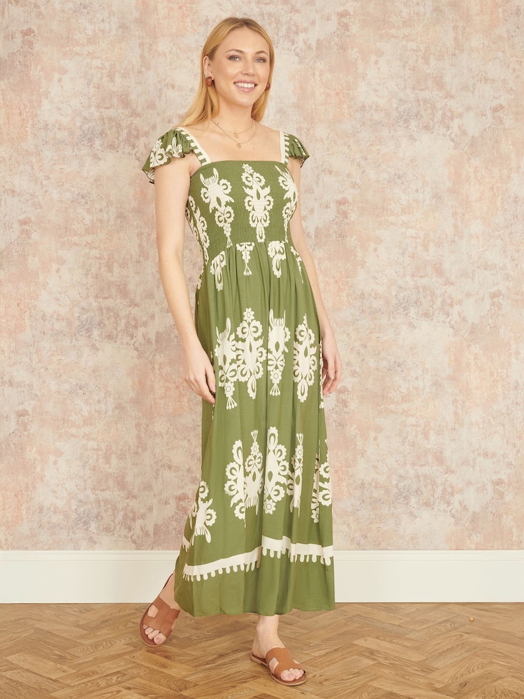 Yumi Green Block Print Ruched Maxi Dress - Image 2 of 5