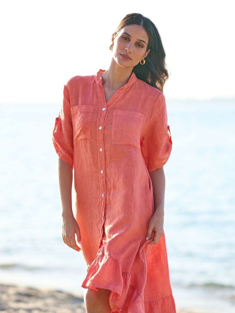 Yumi Orange Italian 100% Linen Shirt Dress With Frill Hem - Image 1 of 5