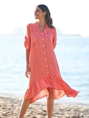 Yumi Orange Italian 100% Linen Shirt Dress With Frill Hem - Image 2 of 5
