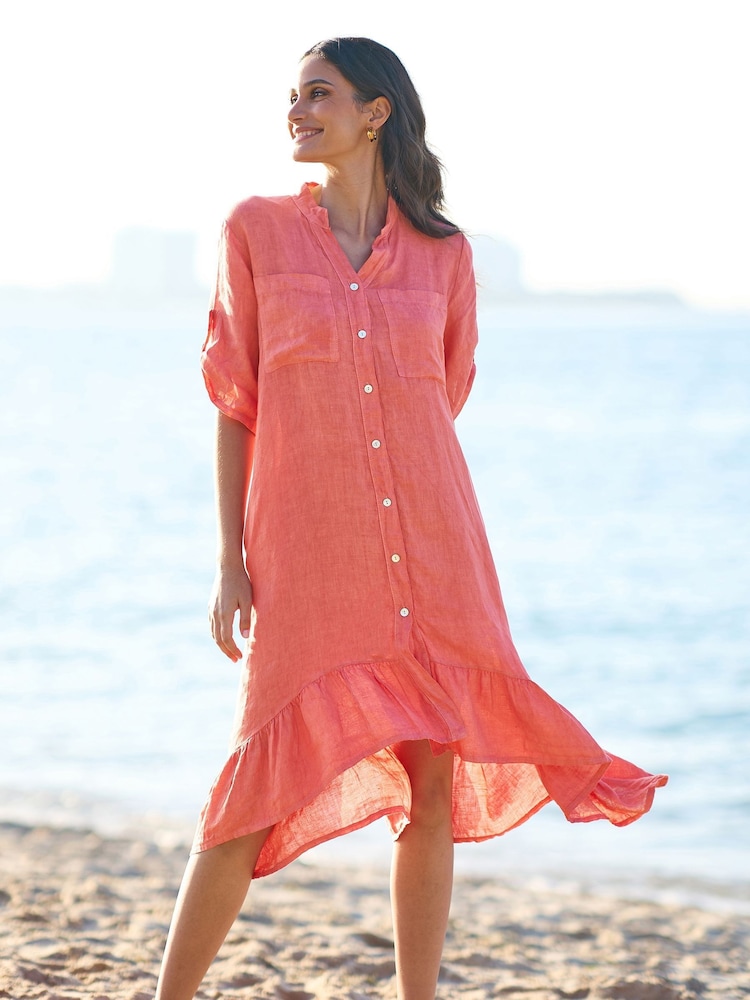 Yumi Orange Italian 100% Linen Shirt Dress With Frill Hem - Image 2 of 5