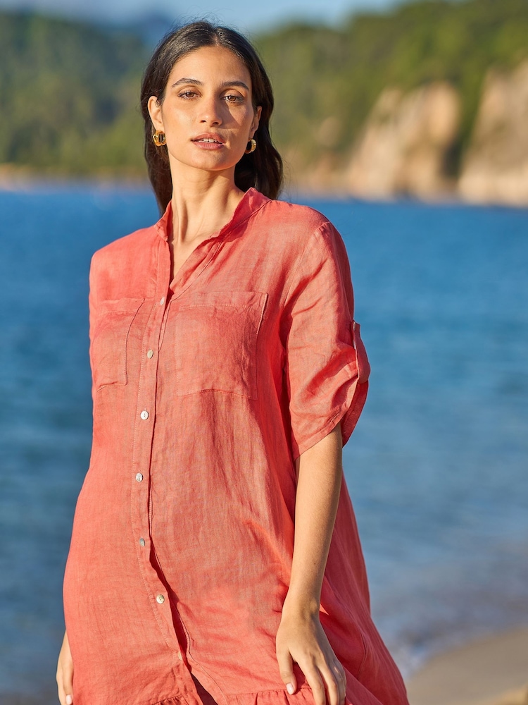 Yumi Orange Italian 100% Linen Shirt Dress With Frill Hem - Image 4 of 5