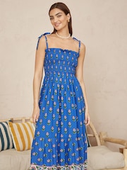 Yumi Blue Strappy Paisley Print Midi Dress With Ruched Bodice - Image 1 of 5