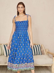 Yumi Blue Strappy Paisley Print Midi Dress With Ruched Bodice - Image 2 of 5