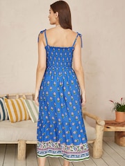 Yumi Blue Strappy Paisley Print Midi Dress With Ruched Bodice - Image 4 of 5