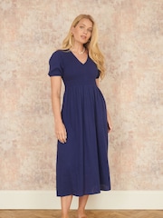 Yumi Blue Double 100% Cotton Ruched Midi Dress - Image 1 of 4