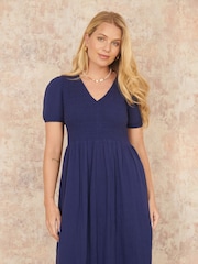 Yumi Blue Double 100% Cotton Ruched Midi Dress - Image 2 of 4